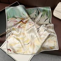 Green+White Pure Silk Scarf - Elegant Flower Design, Square Handkerchief (Style 5) thumbnail