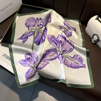 Purple Pure Silk Scarf - Elegant Flower Design, Square Handkerchief (Style 9) thumbnail