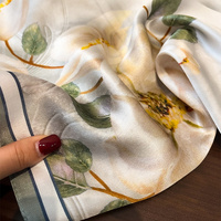 Beige Pure Silk Scarf - Elegant Flower Design, Square Handkerchief (Style 12) thumbnail