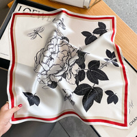 Red Edge Pure Silk Scarf - Elegant Flower Design, Square Handkerchief (Style 13) thumbnail
