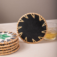 (Green Leaf Pattern) Set of 5 Rattan & Shell Coasters - Decorative & Heat Resistant thumbnail
