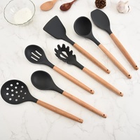 Light Green And Brown 12-Piece Silicone Kitchen Utensil Set - Non-Stick Food-Grade Silicone Cooking Tools with Wooden Handles and Holder thumbnail