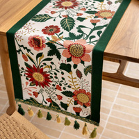 35x140cm Green Pastoral Table Runner - Spring Floral Oil Painting Style with Tassels thumbnail
