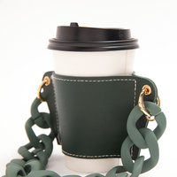 2 Pcs Grey Detachable Chain Coffee Cup Sleeve - PU Leather Insulated Cup Holder with Handle, 16cm Top, 70g(Cup not included, only cup sleeve and chain thumbnail