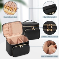 Black Portable Travel Makeup Bag with Brush Compartment - Stylish PU Leather Cosmetic Organizer for Skincare and Toiletry Storage thumbnail