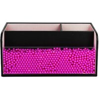 Leather Makeup Brush Cosmetic Organiser Storage Box with Pink Pearls, Acrylic Cover and 3 Compartments(Black) thumbnail