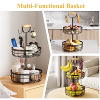2-Tier Fruit Basket Bowl Storage with Wood Lift Handle and Dual Banana Tree Hanger for Kitchen Countertop thumbnail