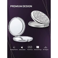 Mini Mix Diamond 1X/2X Magnifying Round Metal Pocket Makeup Mirror (Silver) thumbnail