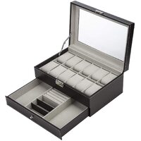 Black Leather Watch Box Jewelry Display Case with Drawers (12 Slots with 2 Layers) thumbnail