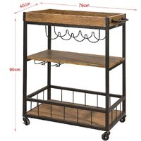 Industrial Vintage Style Wood Metal 3 Tiers Kitchen Serving Trolley with Wine Rack (Brown) thumbnail