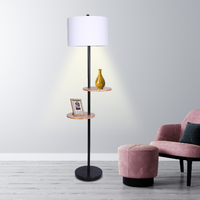 Sarantino Metal Floor Lamp Shade with Black Post in Round Wood Shelves thumbnail