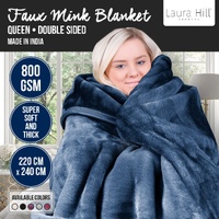 Laura Hill 800-gsm Faux Mink Throw Rug Blanket Queen Size Double-sided Large 220 X 240cm Heavy - Blue thumbnail