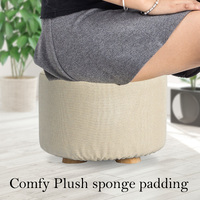 2X Fabric Ottoman Round Wooden Leg Foot Stool - BEIGE thumbnail