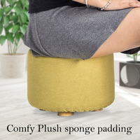 2X Fabric Ottoman Round Wooden Leg Foot Stool - Mustard Yellow thumbnail