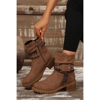 Chestnut Suede Woven Lace-up Strap Side Zip Boots - 40 EU thumbnail