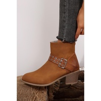 Chestnut Eyelet Buckled Chunky Heel Faux Leather Ankle Boots - 40 EU thumbnail
