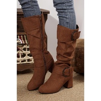 Coffee Suede Double Buckled Side Zipped Mid-calf Boots - 41 EU thumbnail