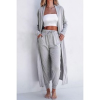 Light Grey Split Long Cardigan and Skinny Pants Lounge Set - L thumbnail