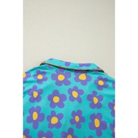 Green Flower Print Long Sleeve Shirt Shorts Pajamas Set - M thumbnail