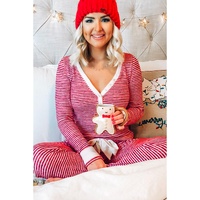 Red Stripe Buttoned V Neck Top and Knotted Waist Pants Lounge Set - S thumbnail