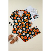 Orange Halloween Pattern Short Sleeve Shirt Pajama Set - S thumbnail