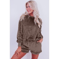 Coffee Solid Loose Fit Two Piece Fleece Lounge Set - XL thumbnail