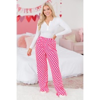 Pink Checkered Buttoned Shirt and High Waist Pants Pajama Set - L thumbnail