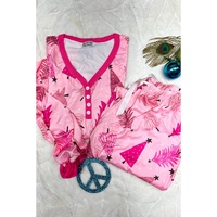 Pink Christmas Tree Print V Neck Buttoned Pullover and Drawstring Pants Lounge Set - M thumbnail
