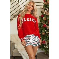 Fiery Red SLEIGH Snowflake Print Long Sleeve Wide Leg Lounge Set - M thumbnail
