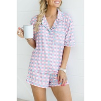 Purple Checkered Pattern Short Sleeve Pajamas Set - M thumbnail