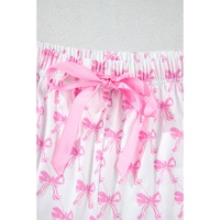 Pink Bowknot Printed Short Sleeve and Ruffled Shorts Valentines Pajama Set - L thumbnail
