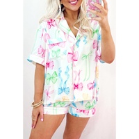 White Bowknot Print Buttoned Shirt High Waist Shorts Pajama Set - L thumbnail
