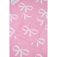 Pink Waffle Knit Bowknot Printed V Neck T Shirt and Shorts Set - S thumbnail