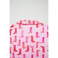 Pink Western Cowgirl Boots Printed Shirt Ruffled Shorts Pajama Set - L thumbnail