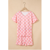 Pink Checkered V Neck Tee Drawstring Shorts Lounge Set - M thumbnail