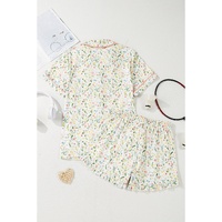 White Floral Print Contrast Pipping Short Pajamas Set - L thumbnail