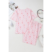 Pink Bow Knot Polka Dot Print Short Sleeve Top Lounge Set - M thumbnail