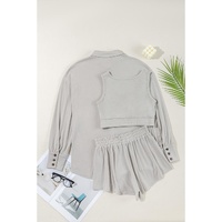 Gray 3 Pcs Crop Tank Top Shorts with Cardigan Lounge Set - S thumbnail