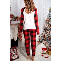 Red Plaid Raglan Sleeves Top and Drawstring Pants Lounge Set - M thumbnail