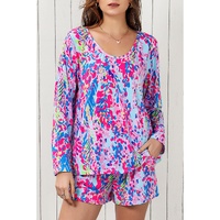 Purple Floral Long Sleeve Top and Drawstring Shorts Set - L thumbnail