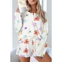 White Floral Long Sleeve Henley Top and Drawstring Shorts Set - L thumbnail