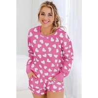 Pink Valentine Heart Shape Print Long Sleeve Top Shorts Lounge Set - L thumbnail