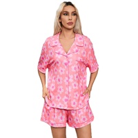Pink Flower Print Short Sleeve Shirt Pajamas Set - M thumbnail