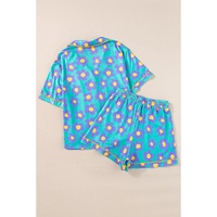 Green Flower Print Short Sleeve Shirt Pajamas Set - L thumbnail