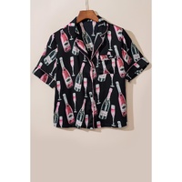 Black Champagne Print Silky Short Sleeve Pajamas Set - L thumbnail