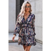 Blue Ruffle Detailing Open Back Floral Dress - L thumbnail