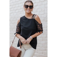Azura Exchange Lace Splicing Strappy Cold Shoulder Top - S thumbnail