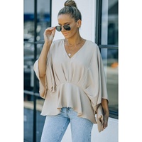 Azura Exchange Pleated Batwing Sleeve V Neck Blouse in 100% Polyester - M thumbnail