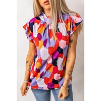 Azura Exchange Ruffle Cap Sleeve Frill Mock Neck Printed Top - M thumbnail