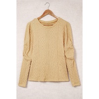Azura Exchange Puffy Sleeve Khaki Textured Knit Top - L thumbnail
